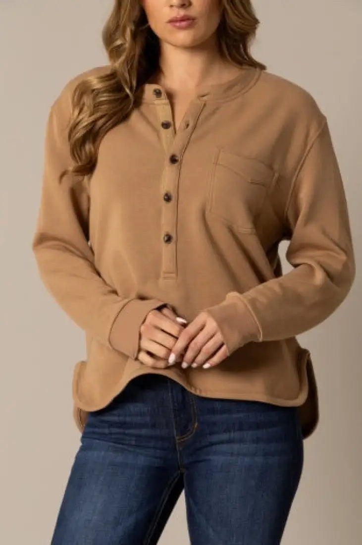 Kimes Ranch Women’s Elouise Henley Long Sleeve Blouse Small / Brown Women’s Tank/Blouse