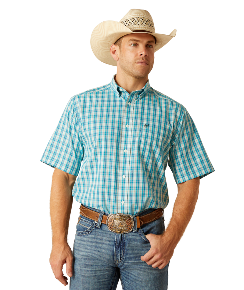 Ariat Men's Blue Plaid Kyle Short Sleeve Western Shirt