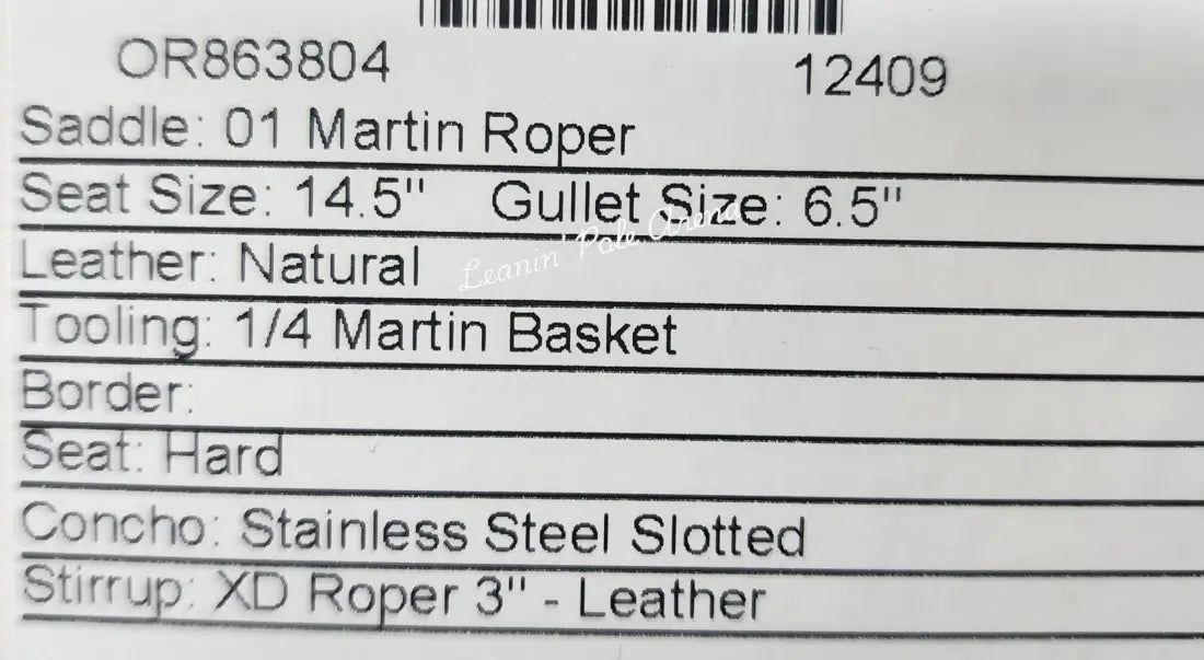 Martin 14.5’’ Team Roper Saddle #12409 14.5’’ / 6.5’’ Rope Saddle