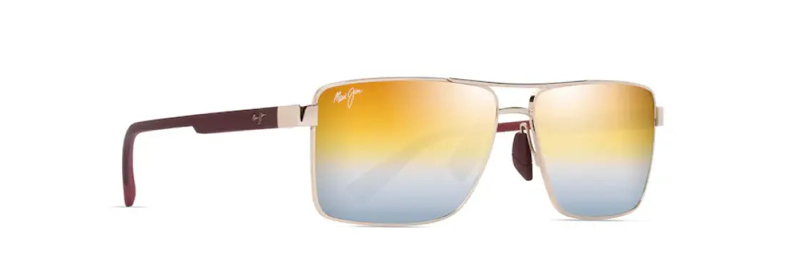 Maui Jim Piha Sunglasses Shiny Gold with Burgundy Frames w/ Dual Mirror Gold to Silver Lenses Sunglasses