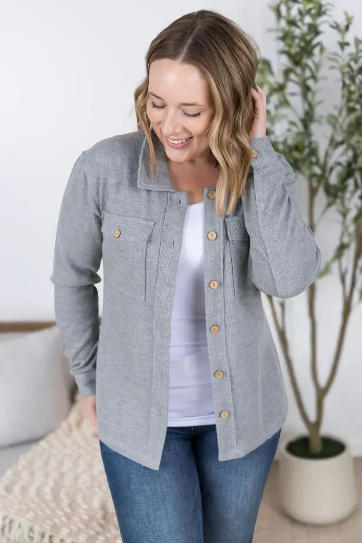 Michelle Mae Women’s Gray Waffle Knit Button Sweater Women’s Sweater