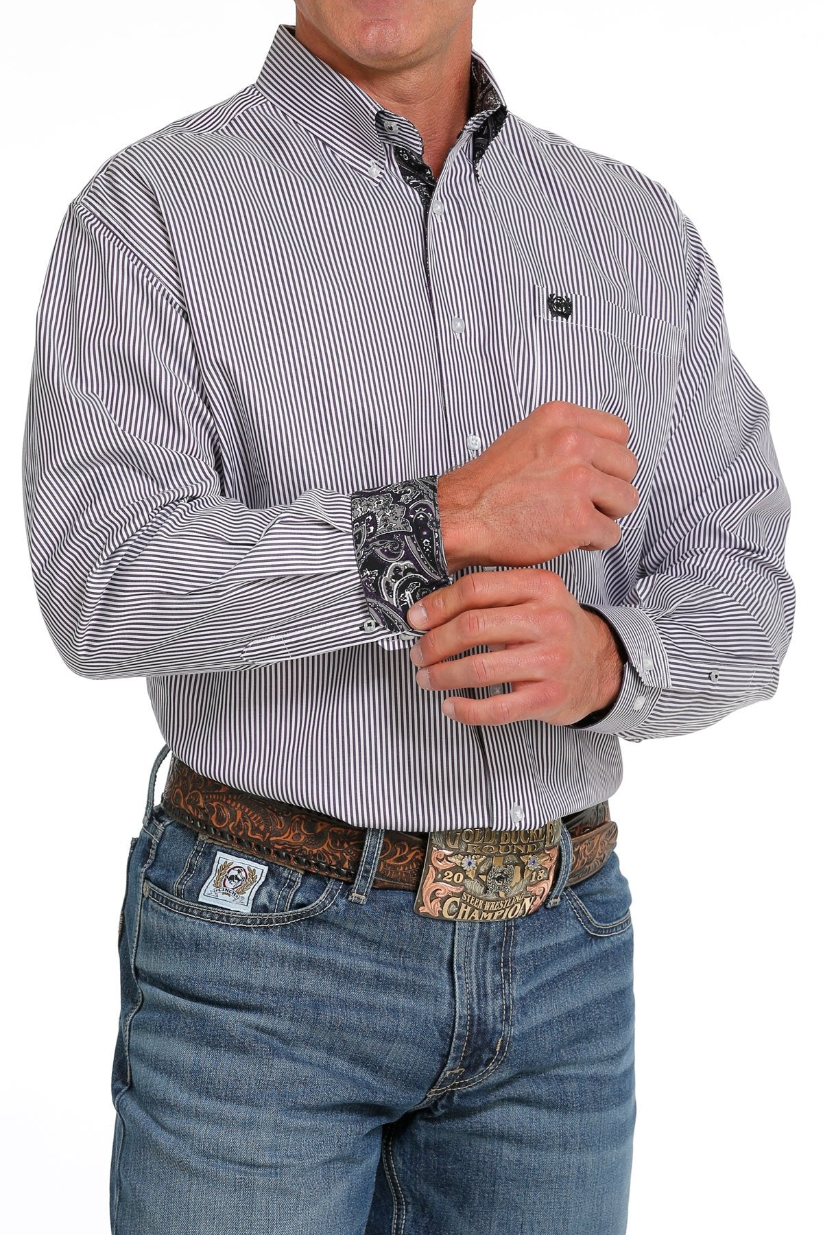 Cinch Men's Tencel White & Eggplant Pinstripe Western Shirt