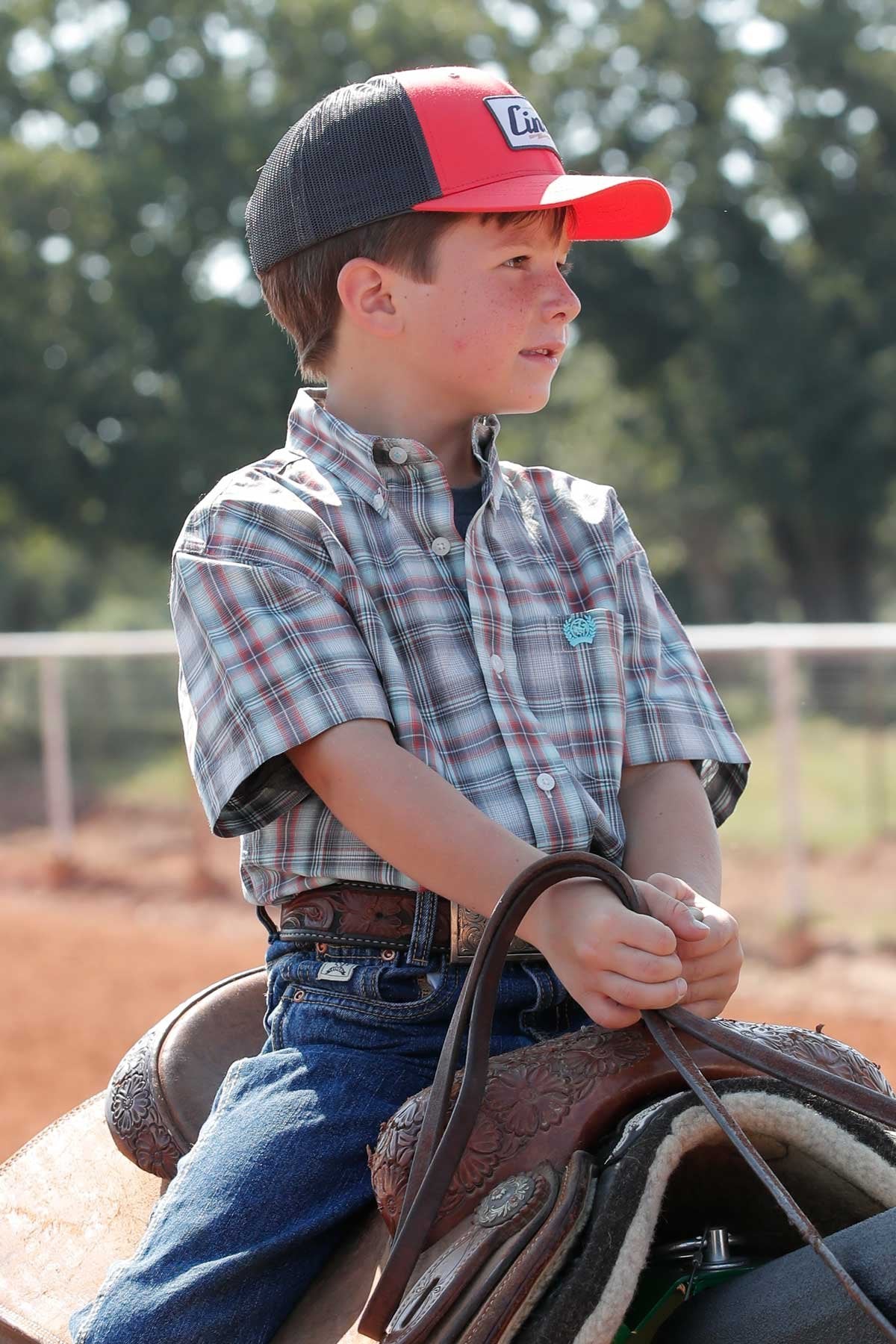 Cinch Boy's Aqua, Red, & Charcoal Short Sleeve Western Shirt