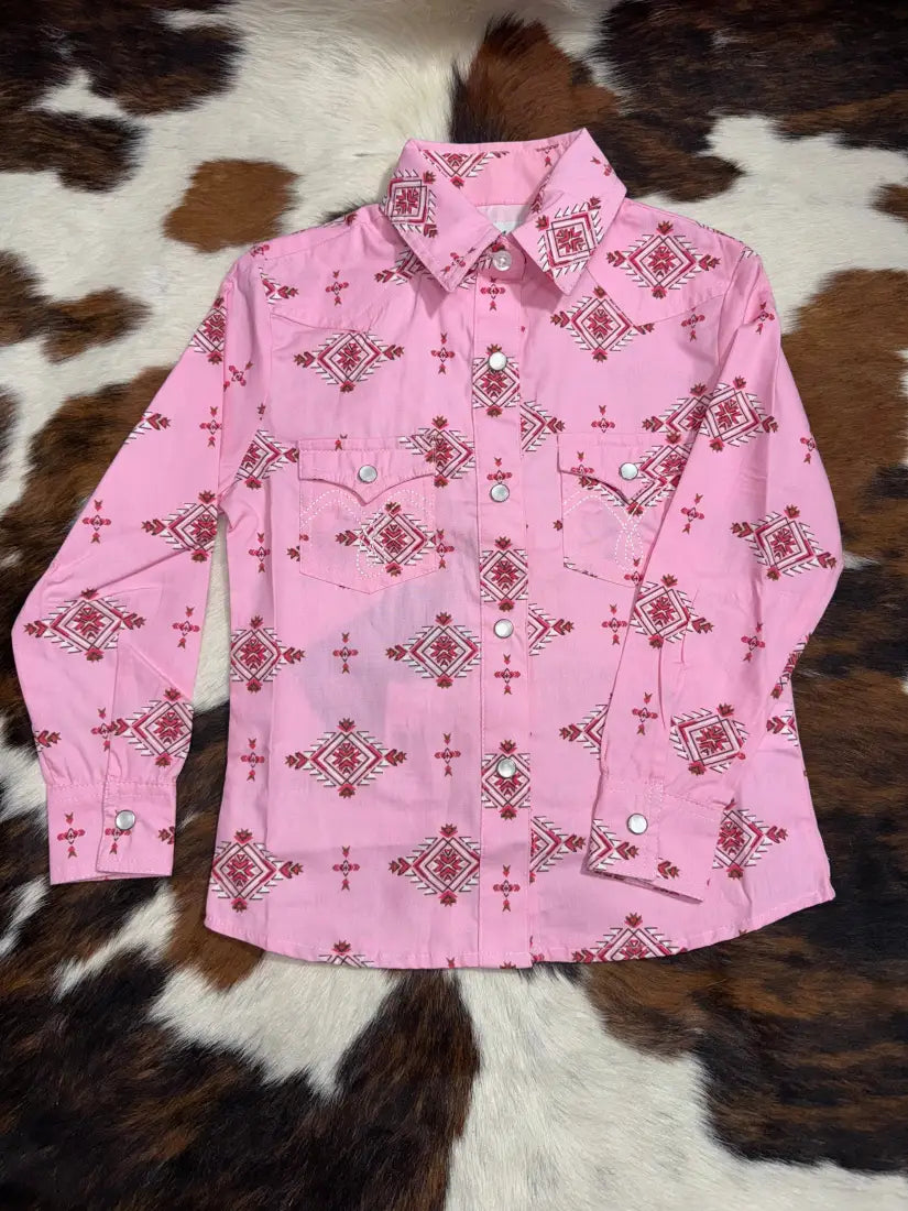Panhandle Girl’s Pink Aztec Snap Western Shirt Girl’s Western
