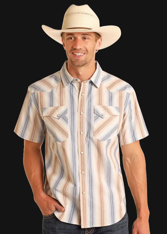 Panhandle Men’s Sand & Dusty Blue Stripe Short Sleeve Western Shirt Men’s Western
