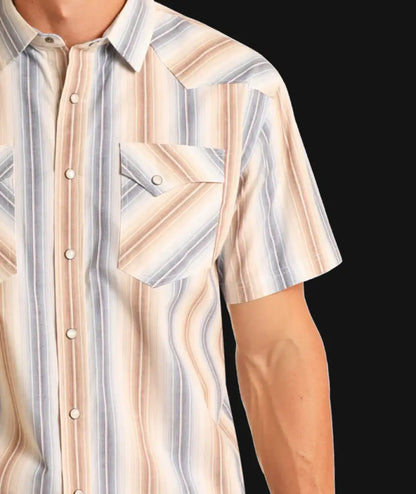 Panhandle Men’s Sand & Dusty Blue Stripe Short Sleeve Western Shirt Men’s Western
