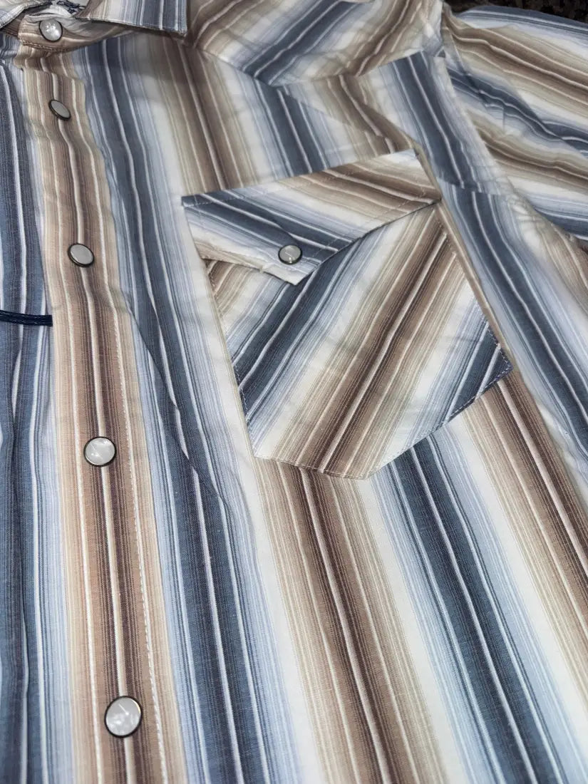 Panhandle Men’s Sand & Dusty Blue Stripe Short Sleeve Western Shirt Medium Men’s Western