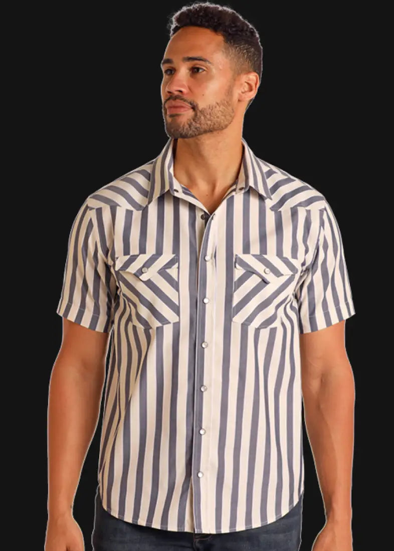 Panhandle Men’s Vintage Blue & Cream Stripe Short Sleeve Western Shirt Medium Men’s Western