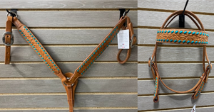 Performance Pony Tack Set - Natural with Turquoise Buckstitch
