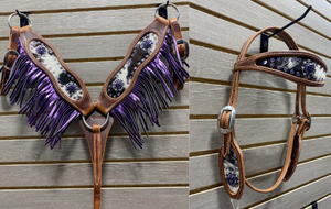 Performance Pony Tack Set - Cowhide Inlay with Purple Swarovski Crystals & Fringe