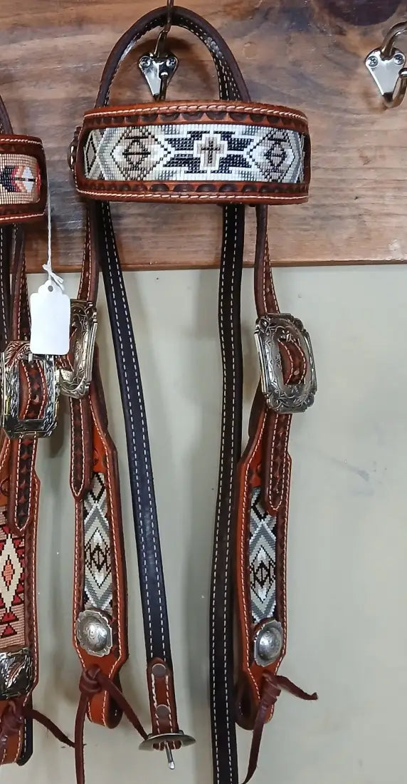 Rafter S. ’Cross Grey/Tan Beaded’ Browband Headstall Browband Headstall Headstall