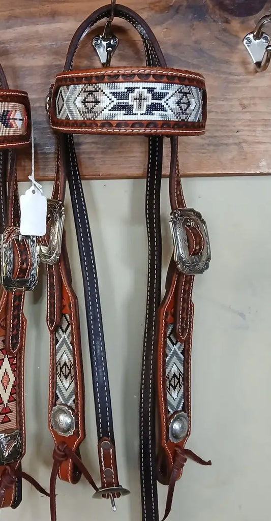 Rafter S. ’Cross Grey/Tan Beaded’ Browband Headstall Browband Headstall Headstall
