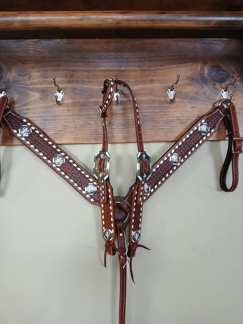 Rafter S. ’Sky Blue Cactus with White Buckstitch’ Tack Set One Ear Headstall & 2’’ Breastcollar Set Tack Set