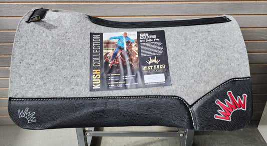 Best Ever Kush Saddle Pad - Black Leather Silver/Red Crown (1" thick, 32"x32")