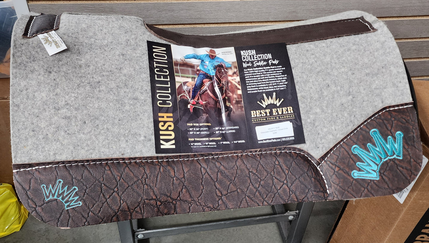 Best Ever Kush Saddle Pad - Chocolate Elephant Teal Crown (1" thick, 28"x28")