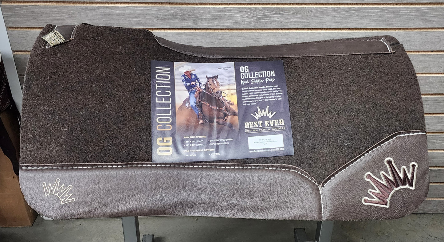 Best Ever OG Saddle Pad - Brown Leather Beige/Dark Brown Crown (3/4" thick, 30"x30")
