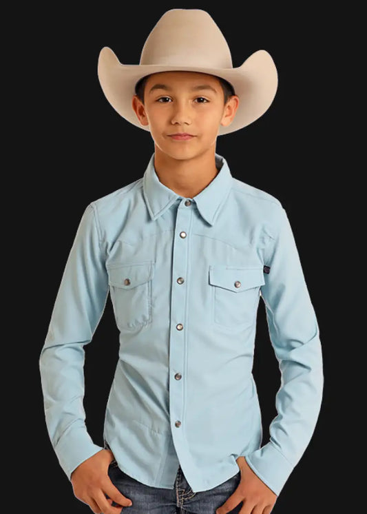 Rock & Roll Boy’s TEK Solid Western Shirt Aqua / XSmall Boy’s Western