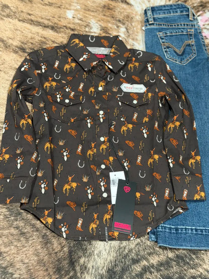 Rock & Roll Girl’s Brown Pint Snap Western Shirt Girl’s Western