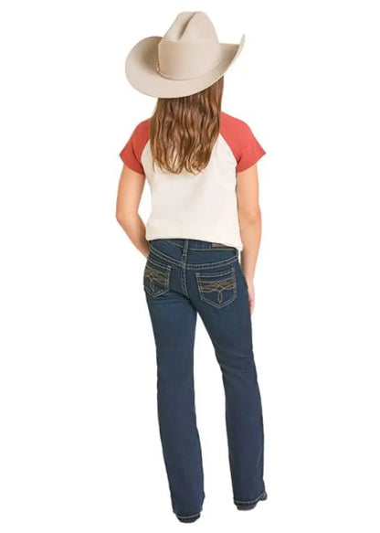 Rock & Roll Girl’s Dark Vintage Wash Boot Stitch Bootcut Jean Girl’s Bottoms