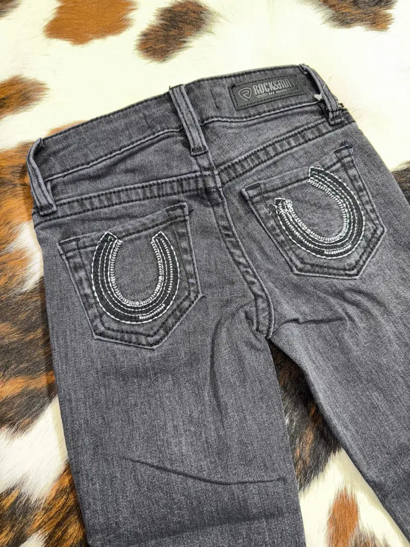 Rock & Roll Girl’s Vintage Wash Black Horseshoe Bootcut Jean 4 Girl’s Bottoms