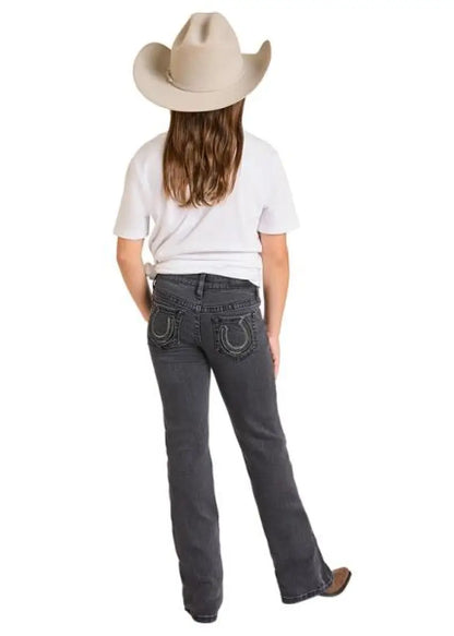 Rock & Roll Girl’s Vintage Wash Black Horseshoe Bootcut Jean Girl’s Bottoms