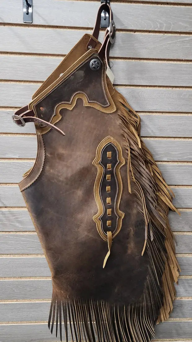 Rockin’ Y Adult Two-Tone Leather Chinks (#1) Large / Distressed Saddle Brown/Chestnut Chaps/Chinks