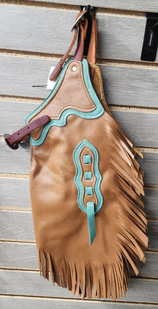 Rockin’ Y Kid Leather Chinks Caramel/Teal Chaps/Chinks