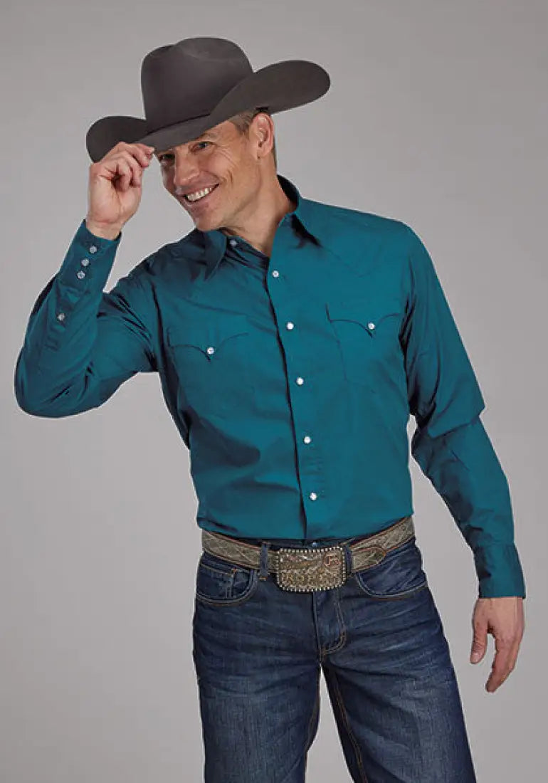 Roper Men’s Teal Poplin Western Shirt Small Men’s Western