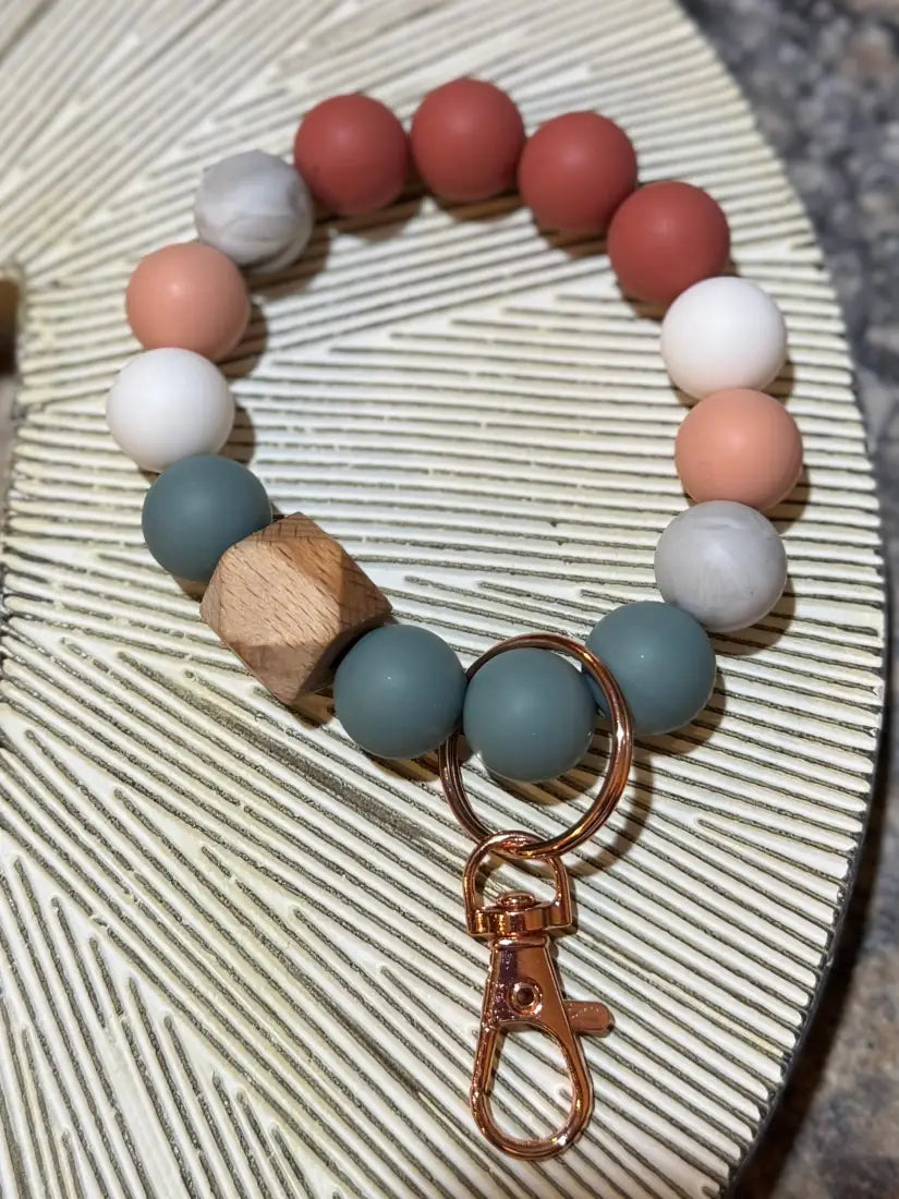 Silicone Bead Wristlet Keychain 10. Peach/ Teal/Rust Human Accessories