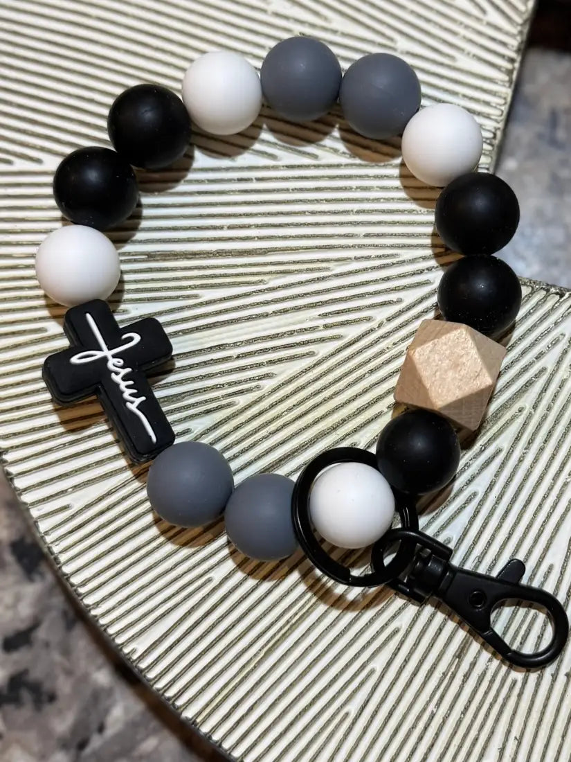 Silicone Bead Wristlet Keychain 11. White/Black/ Grey Cross Human Accessories
