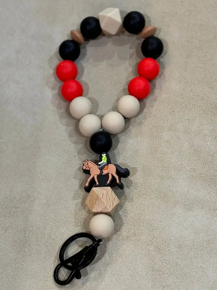 Silicone Bead Wristlet Keychain 12. Red/Tan/Horse Human Accessories