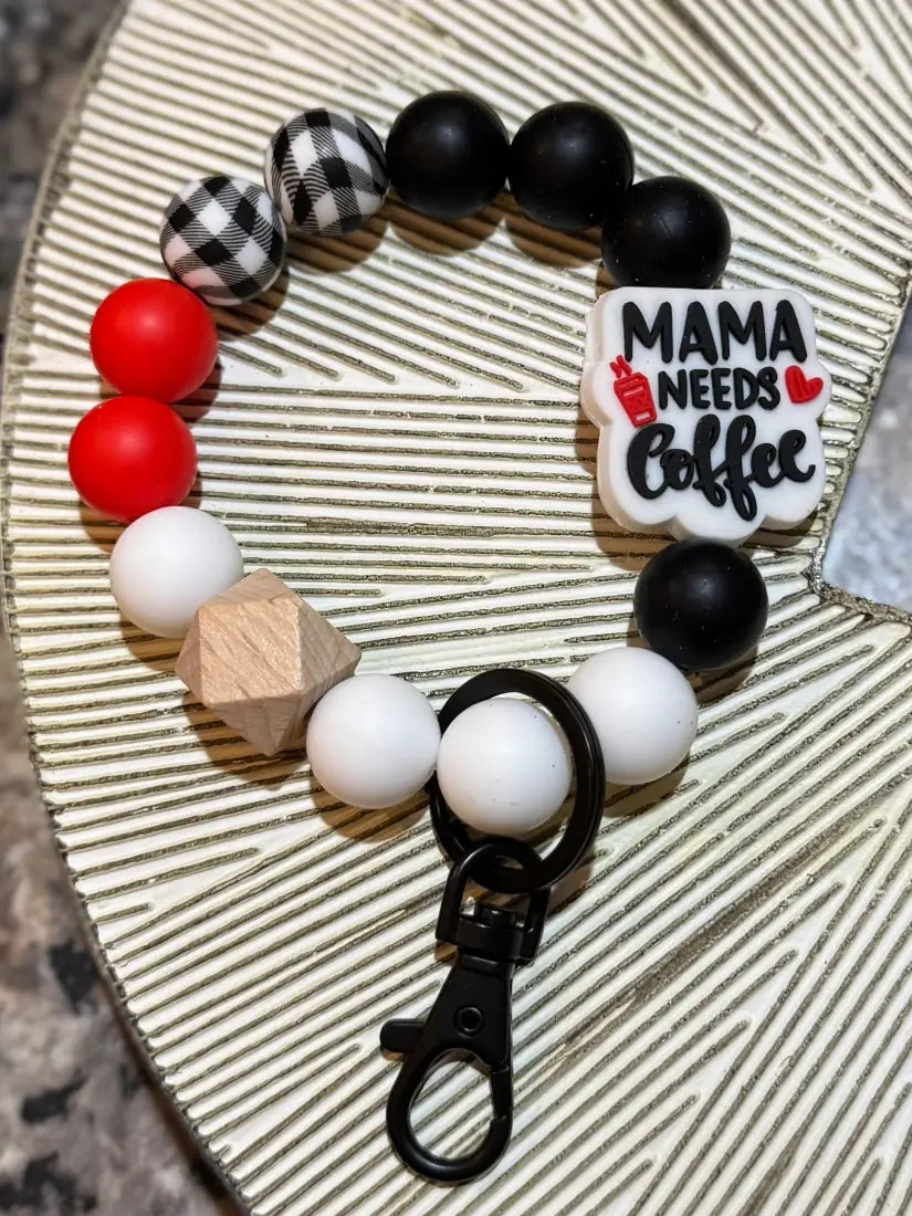 Silicone Bead Wristlet Keychain 14. Red/ Black/ Mama Needs Coffee Human Accessories