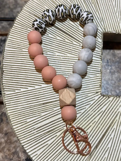 Silicone Bead Wristlet Keychain 16. Peach/Grey/Leopard Human Accessories