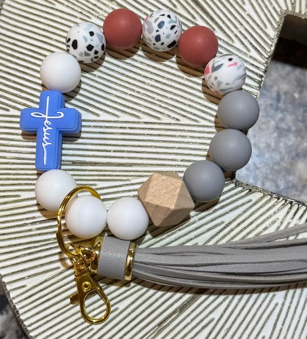 Silicone Bead Wristlet Keychain 17. Rose/ Grey/ Blue Cross Human Accessories