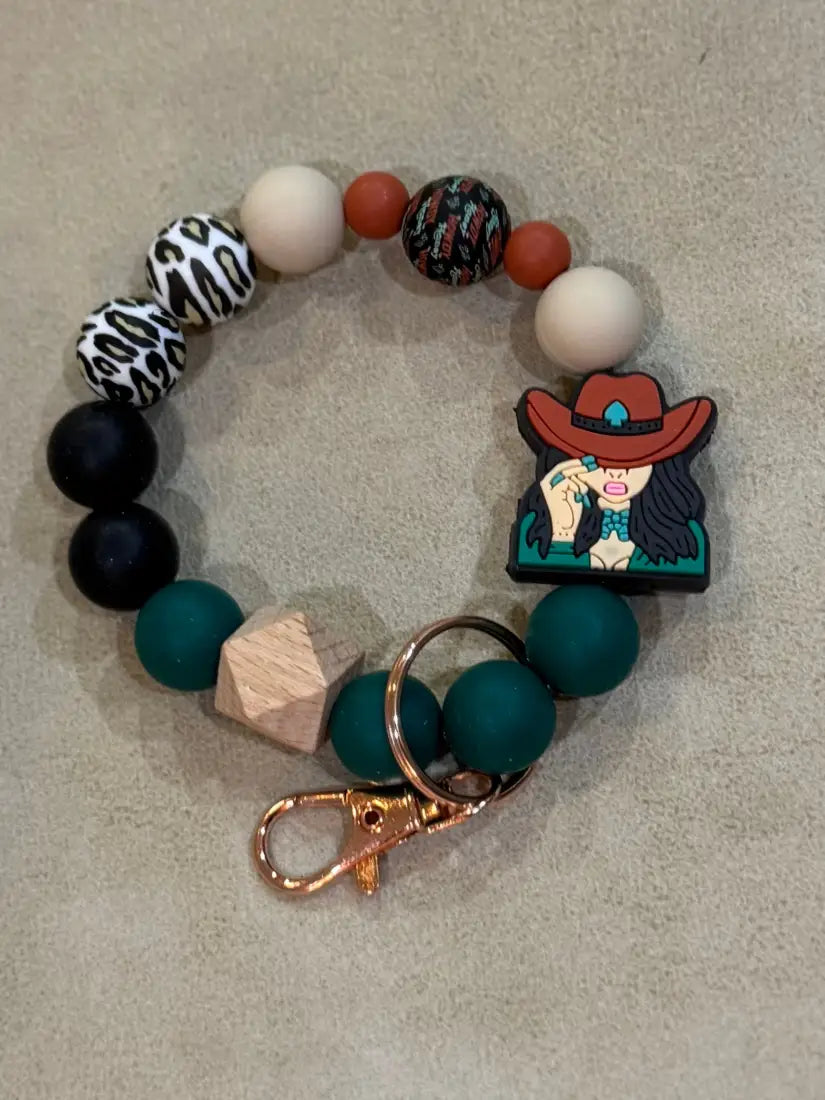 Silicone Bead Wristlet Keychain 18. Emerald/Cheetah/ Cowgirl Human Accessories