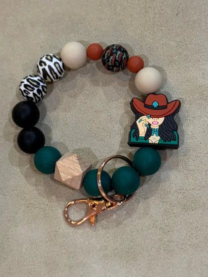 Silicone Bead Wristlet Keychain 18. Emerald/Cheetah/ Cowgirl Human Accessories
