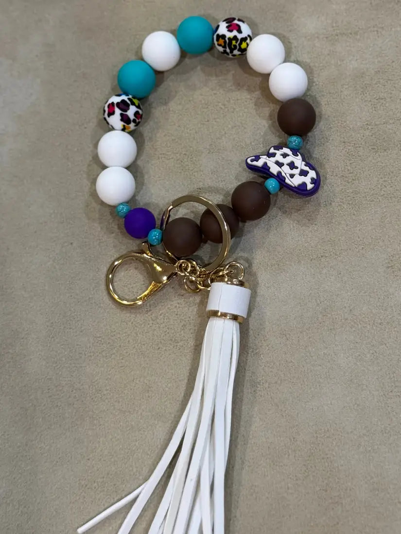 Silicone Bead Wristlet Keychain 19. Purple/ Turquoise/Hat Human Accessories