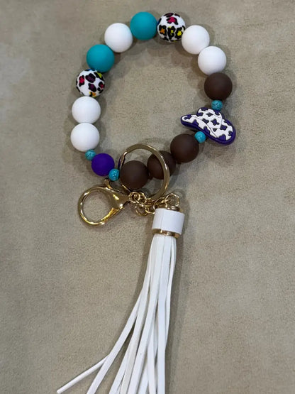 Silicone Bead Wristlet Keychain 19. Purple/ Turquoise/Hat Human Accessories