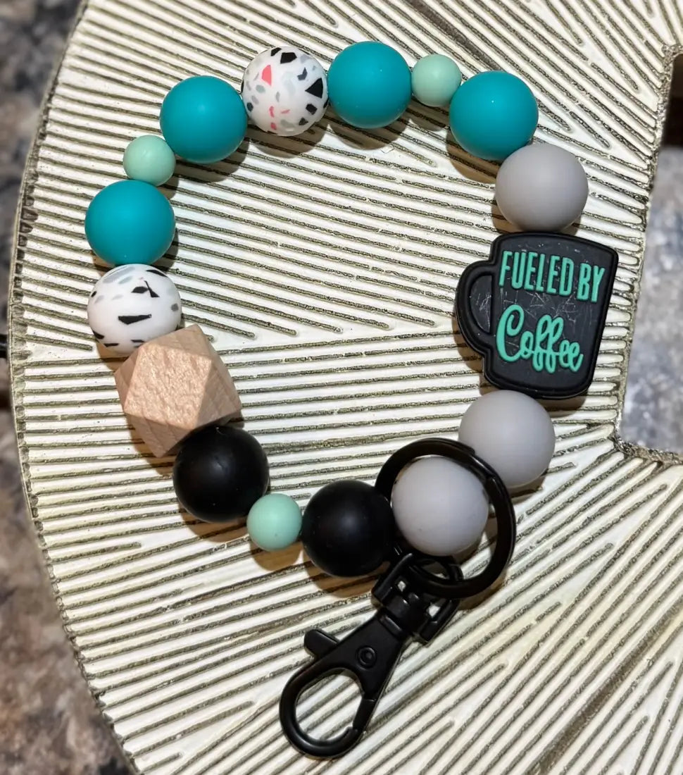 Silicone Bead Wristlet Keychain 20. Turquoise/ Grey/ Fueled by Coffee Human Accessories