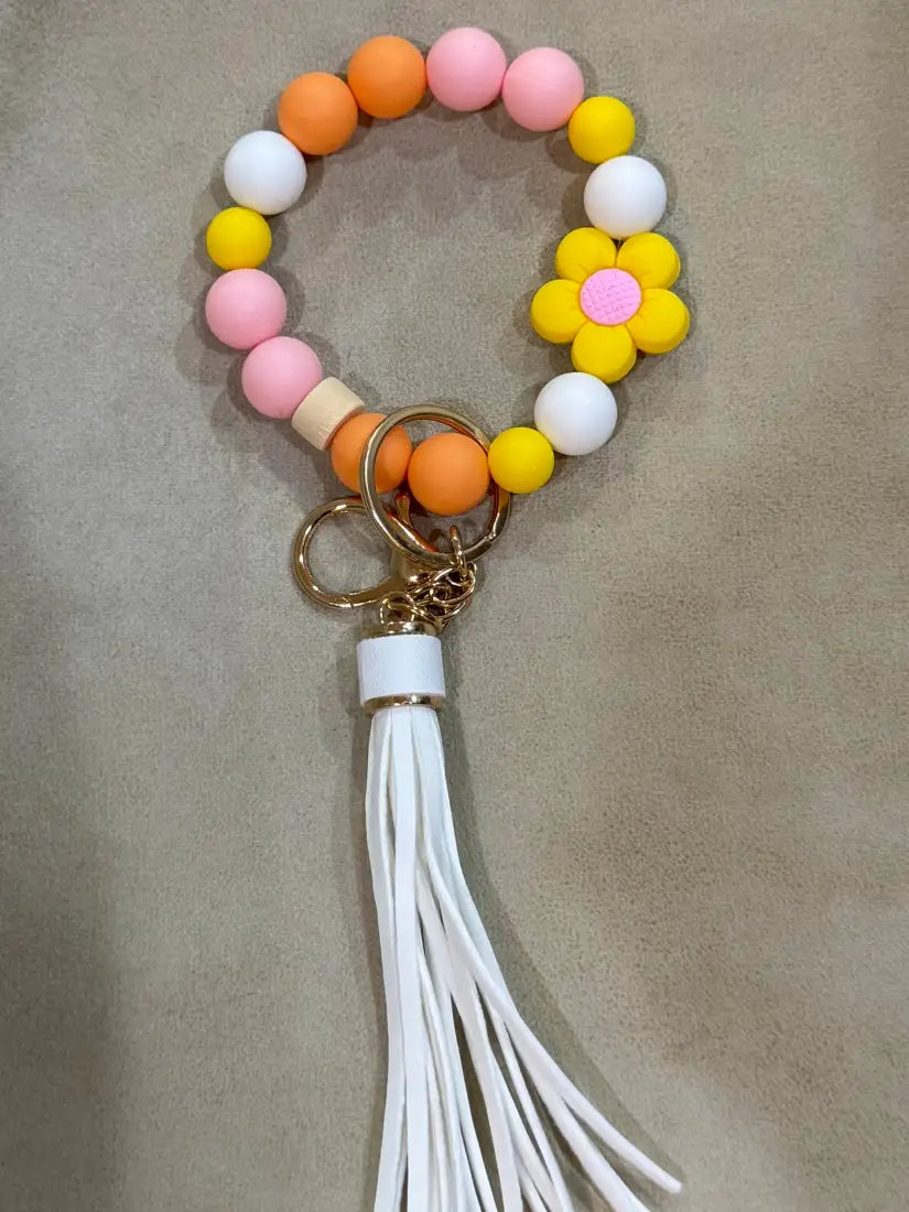 Silicone Bead Wristlet Keychain 23. Yellow Flower/ Pink/Orange Human Accessories