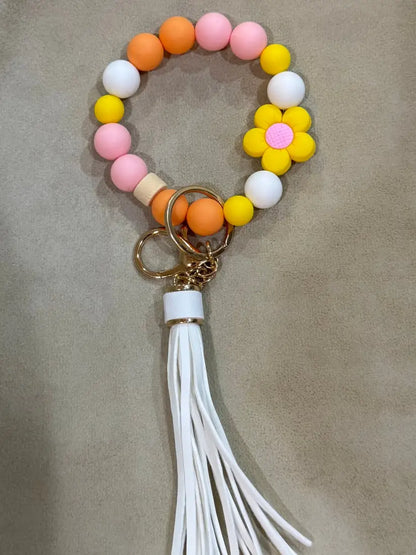 Silicone Bead Wristlet Keychain 23. Yellow Flower/ Pink/Orange Human Accessories