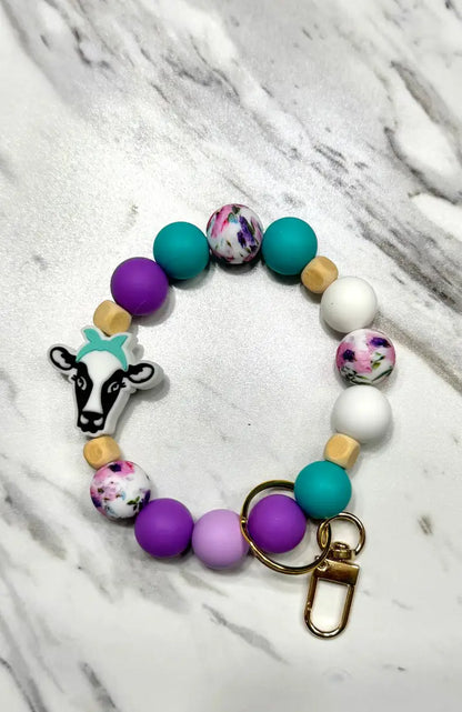 Silicone Bead Wristlet Keychain 8. Purple/ Mint/ Cow Human Accessories