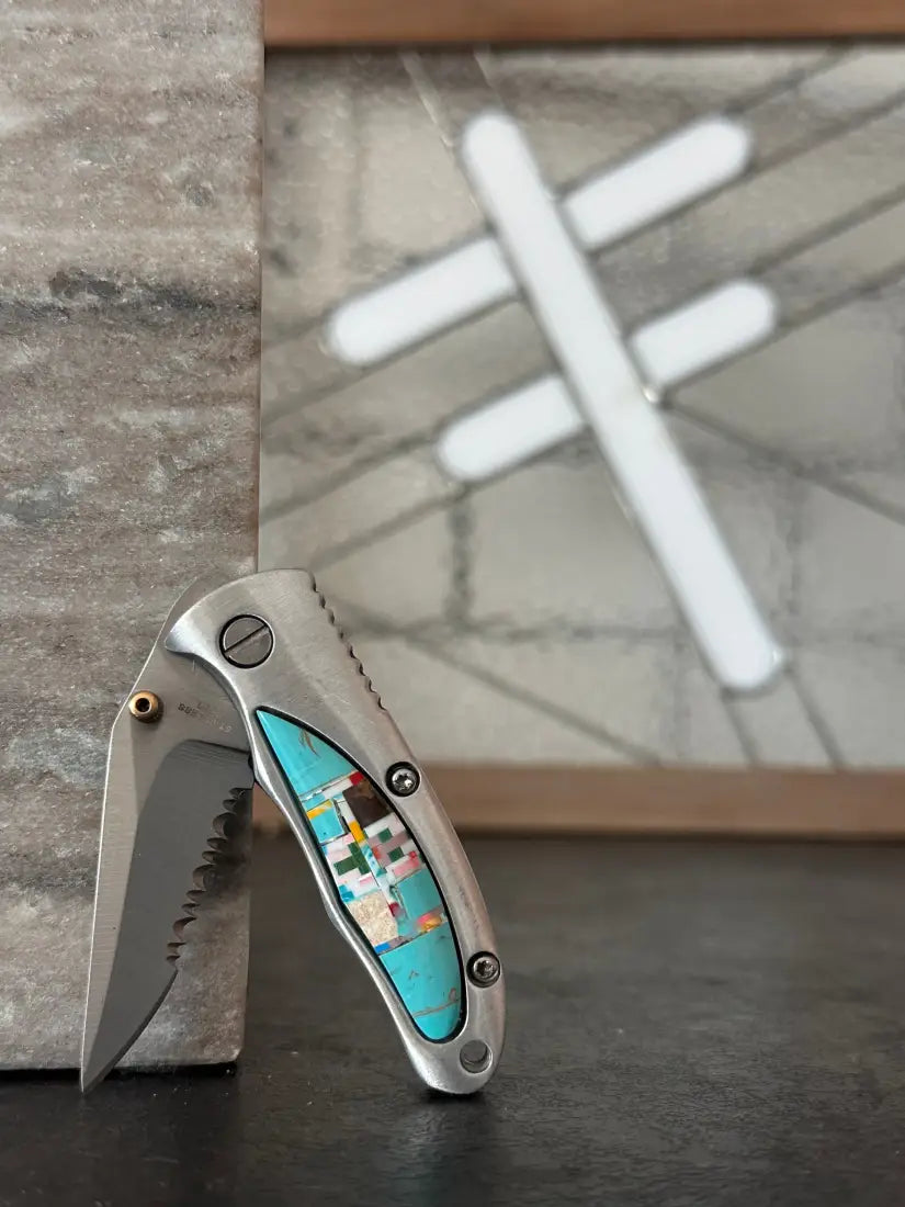 Southwestern Multi Stone Inlay Knife Pocket Clip Jewelry