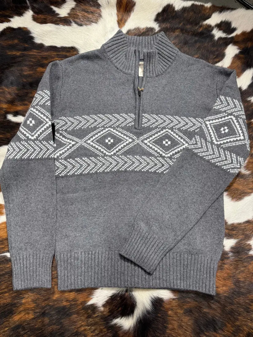 Stetson Men’s Gray Aztec Wool Blend ¼ Zip Sweater Small Men’s Pullover