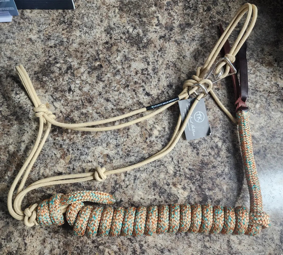 Twisted Knot Halters Rope Halter w/ Easy Off Clip & Lead Beige with Turq/Beige/Burnt Orange Blend Lead Halter