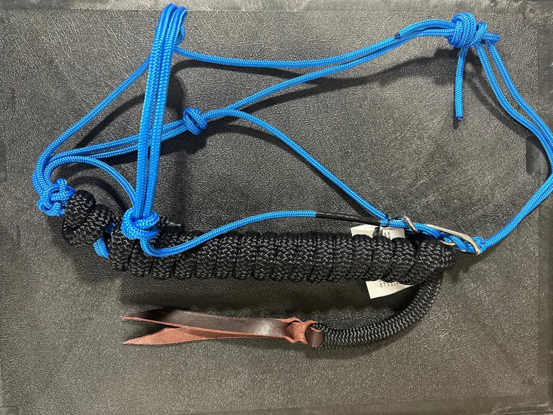 Twisted Knot Halters Rope Halter w/ Easy Off Clip & Lead Blue with Black Lead Halter