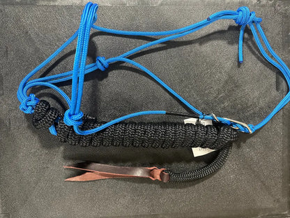 Twisted Knot Halters Rope Halter w/ Easy Off Clip & Lead Blue with Black Lead Halter