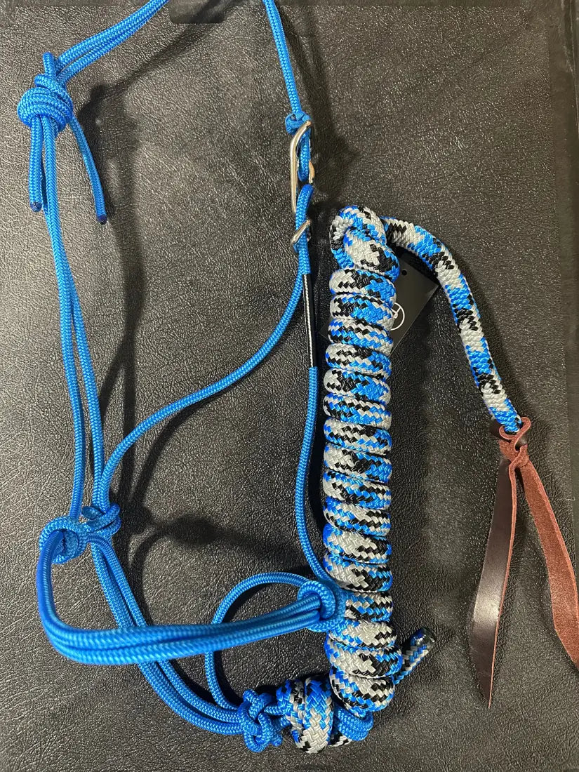 Twisted Knot Halters Rope Halter w/ Easy Off Clip & Lead Blue with Blue/Black/Silver CH Lead Halter
