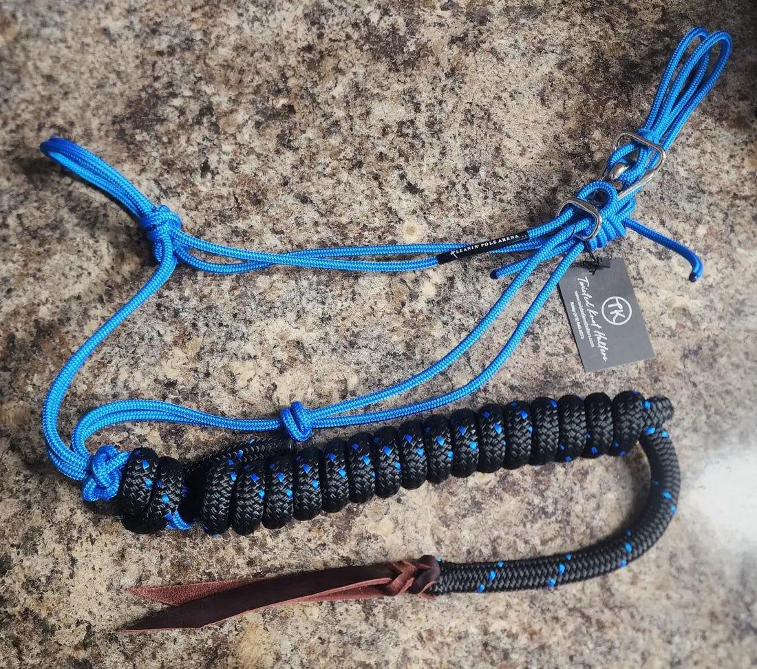 Twisted Knot Halters Rope Halter w/ Easy Off Clip & Lead Blue with Black w/Blue Tracer Lead Halter