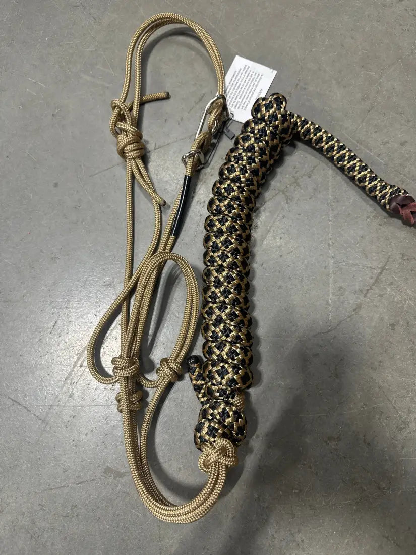 Twisted Knot Halters Rope Halter w/ Easy Off Clip & Lead Gold with Black/Gold Lattice Lead Halter